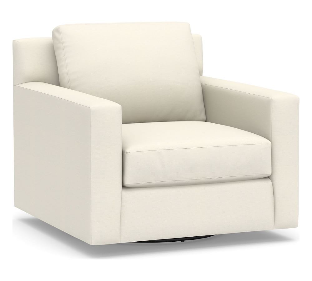 York Square Arm Upholstered Swivel Armchair, Down Blend Wrapped Cushions, Textured Twill Ivory - Image 0