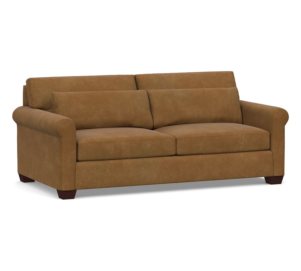York Deep Seat Roll Arm Leather Sofa 83", Polyester Wrapped Cushions, Nubuck Camel - Image 0