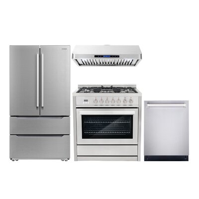4 Piece Kitchen Package With 36" Freestanding Gas Range 36" Under Cabinet Range Hood 24" Built-in Fully Integrated Dishwasher & Energy Star French Door Refrigerator - Image 0