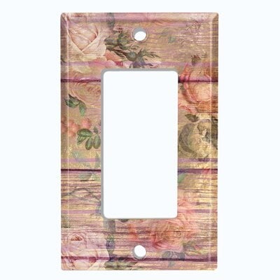Metal Light Switch Plate Outlet Cover (Pink Tint Wood Print Pink Rose Flower Fence - Single Rocker) - Image 0