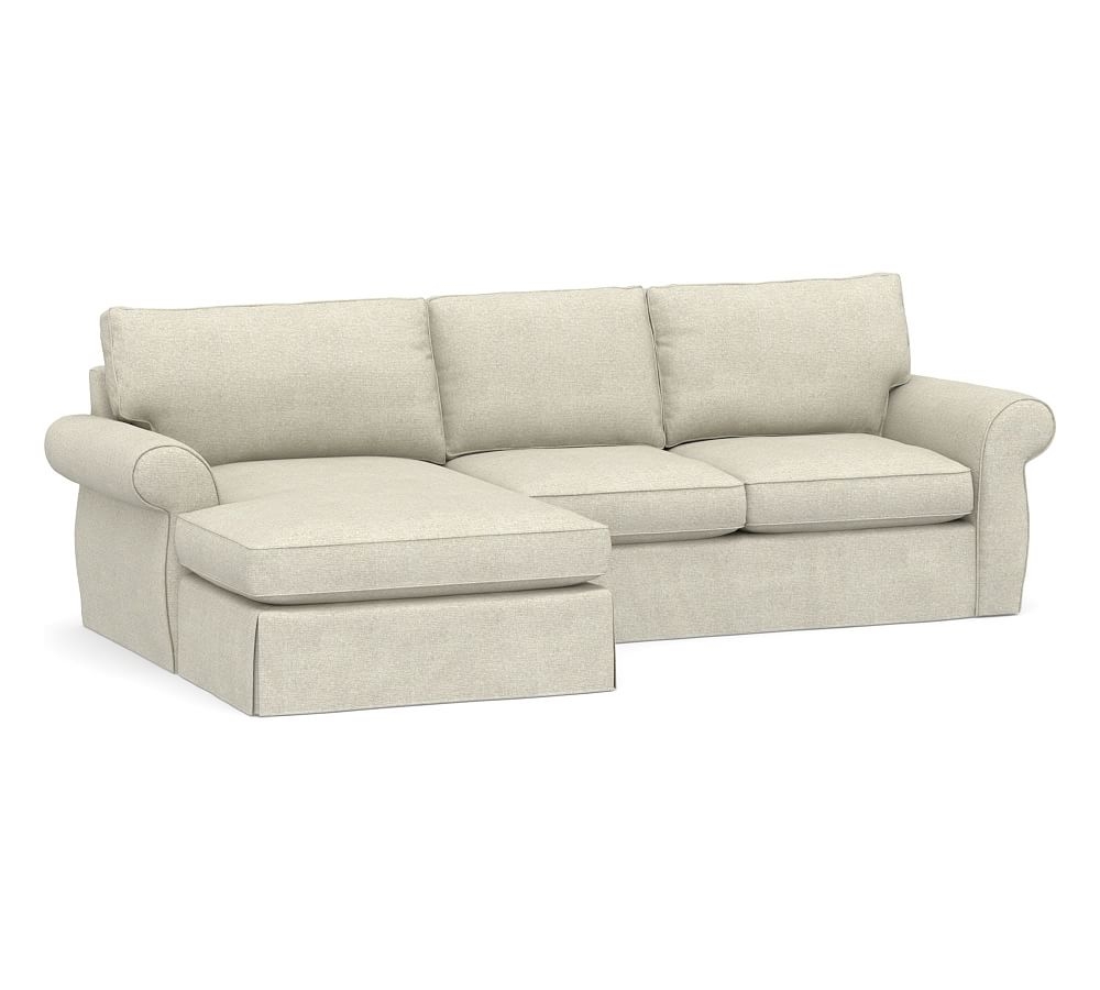Pearce Roll Arm Slipcovered Right Arm Loveseat with Double Chaise Sectional, Down Blend Wrapped Cushions, Performance Heathered Basketweave Alabaster White - Image 0