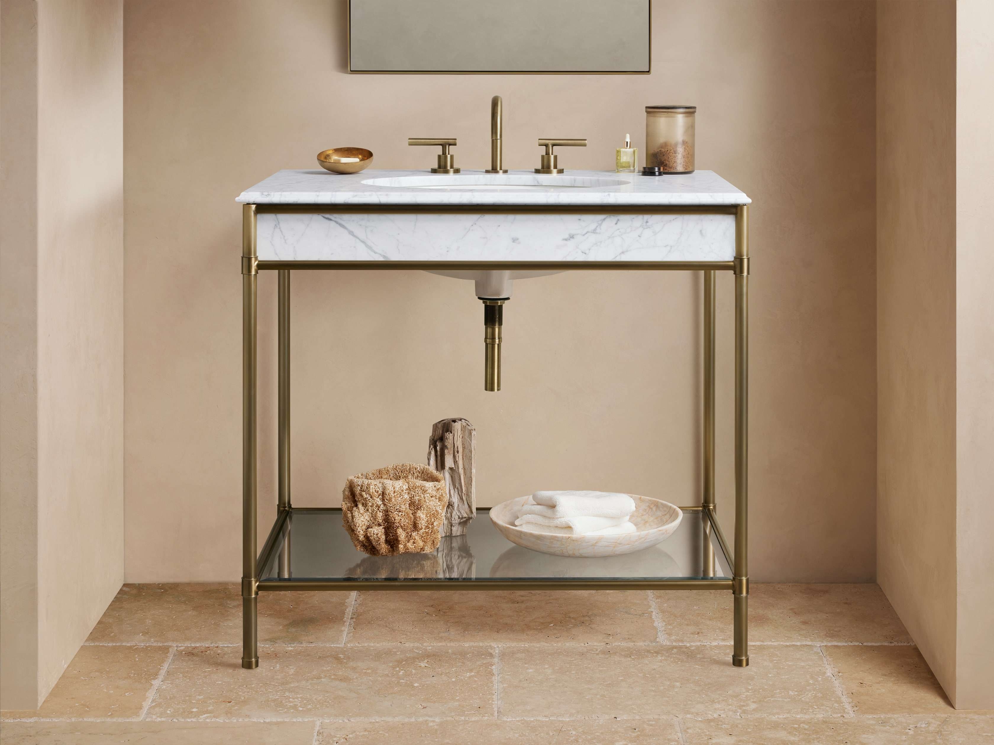 Chelsea Single Washstand in Metal Brass  Carrara/Antique - Image 0