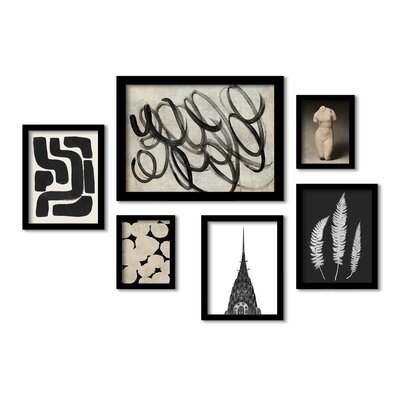 Monochromatic Ink Maze Building Scribble, Picture Frame Print, Set of 6 - Image 0