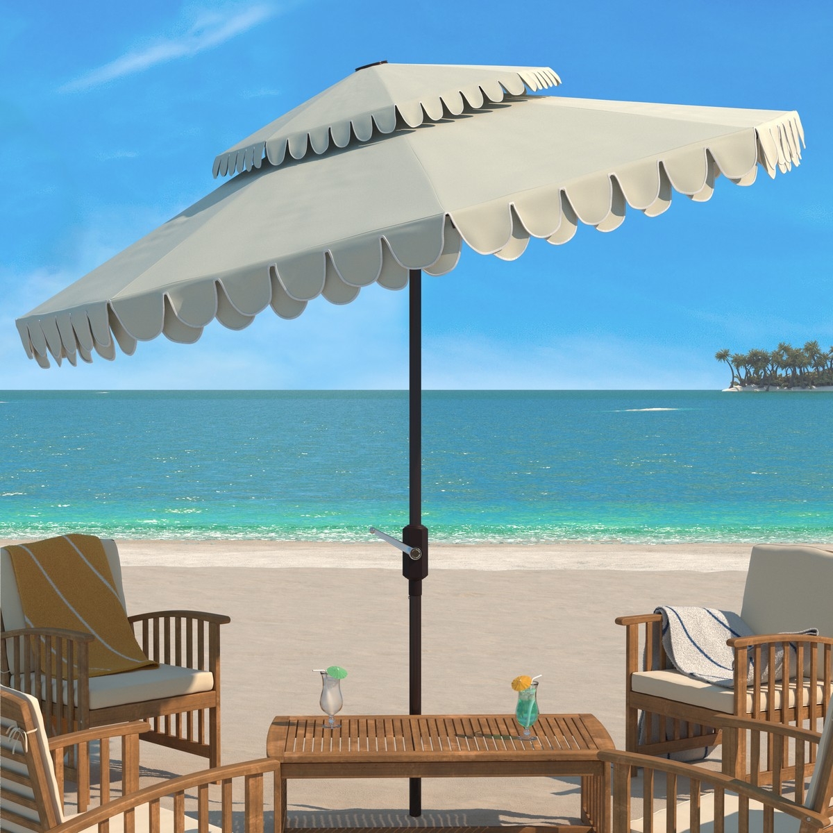 Elegant 9Ft Doubletop Umbrella - Beige/White - Safavieh - Image 1