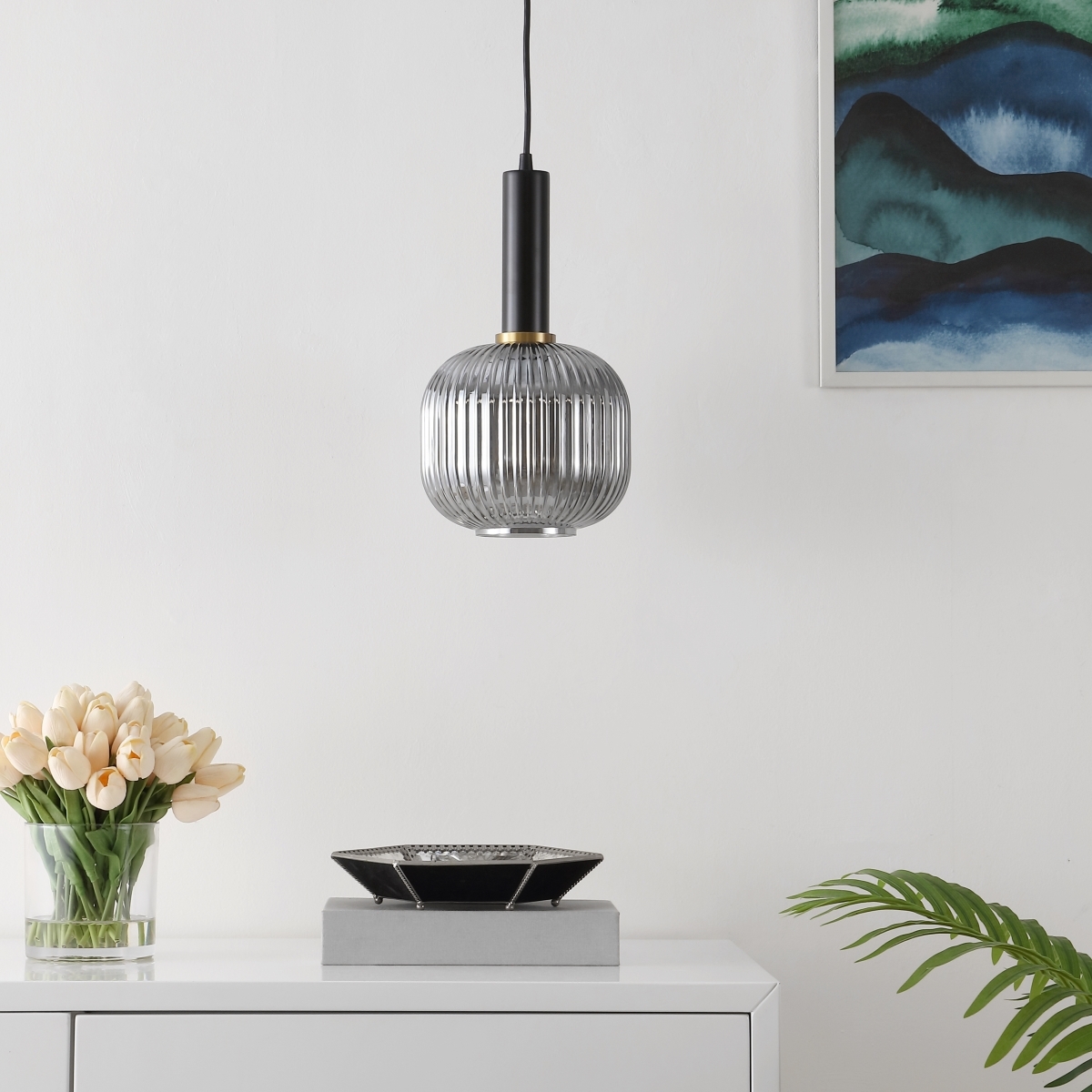 Rynner 8 Inch Pendant - Smoke Grey/Black - Safavieh - Image 2