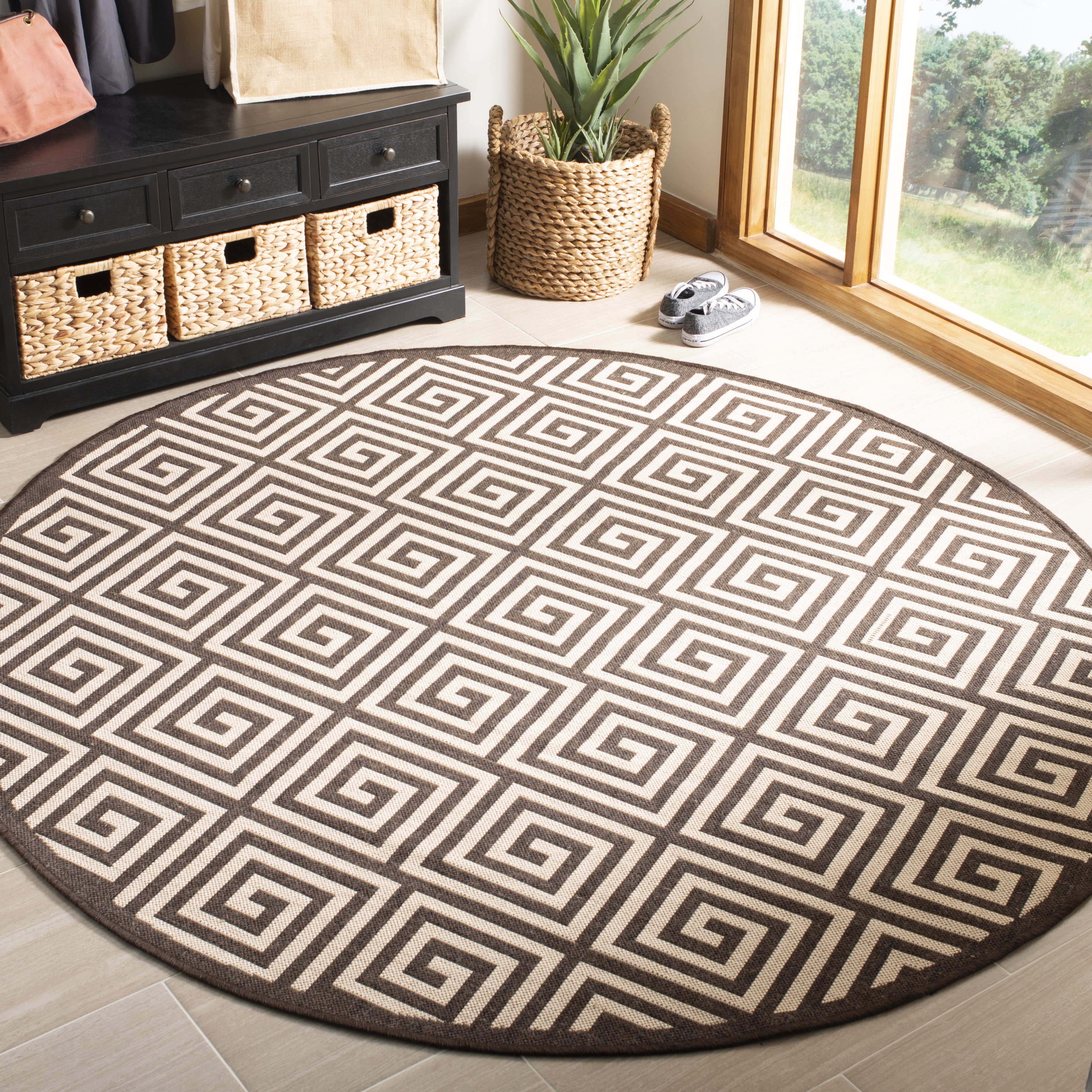 Arlo Home Indoor/Outdoor Woven Area Rug, LND129B, Natural/Brown,  6' 7" X 6' 7" Round - Image 1