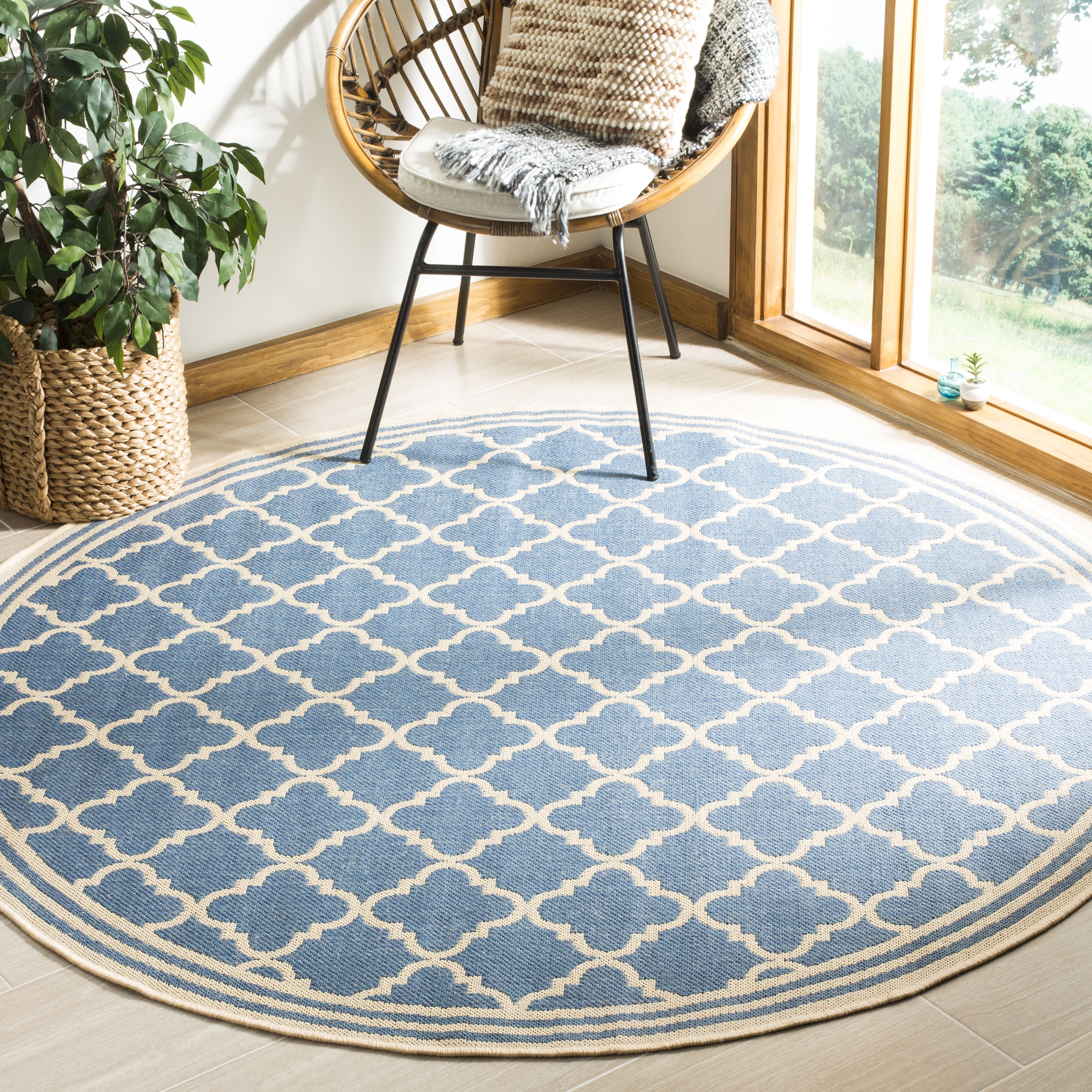 Arlo Home Indoor/Outdoor Woven Area Rug, LND121M, Blue/Cream,  6' 7" X 6' 7" Round - Image 1