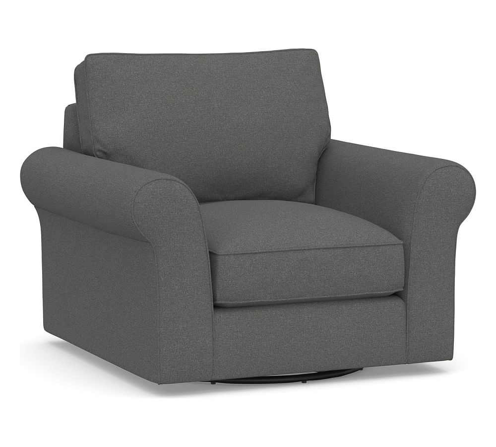 PB Comfort Roll Arm Upholstered Swivel Armchair, Down Blend Wrapped Cushions, Park Weave Charcoal - Image 0