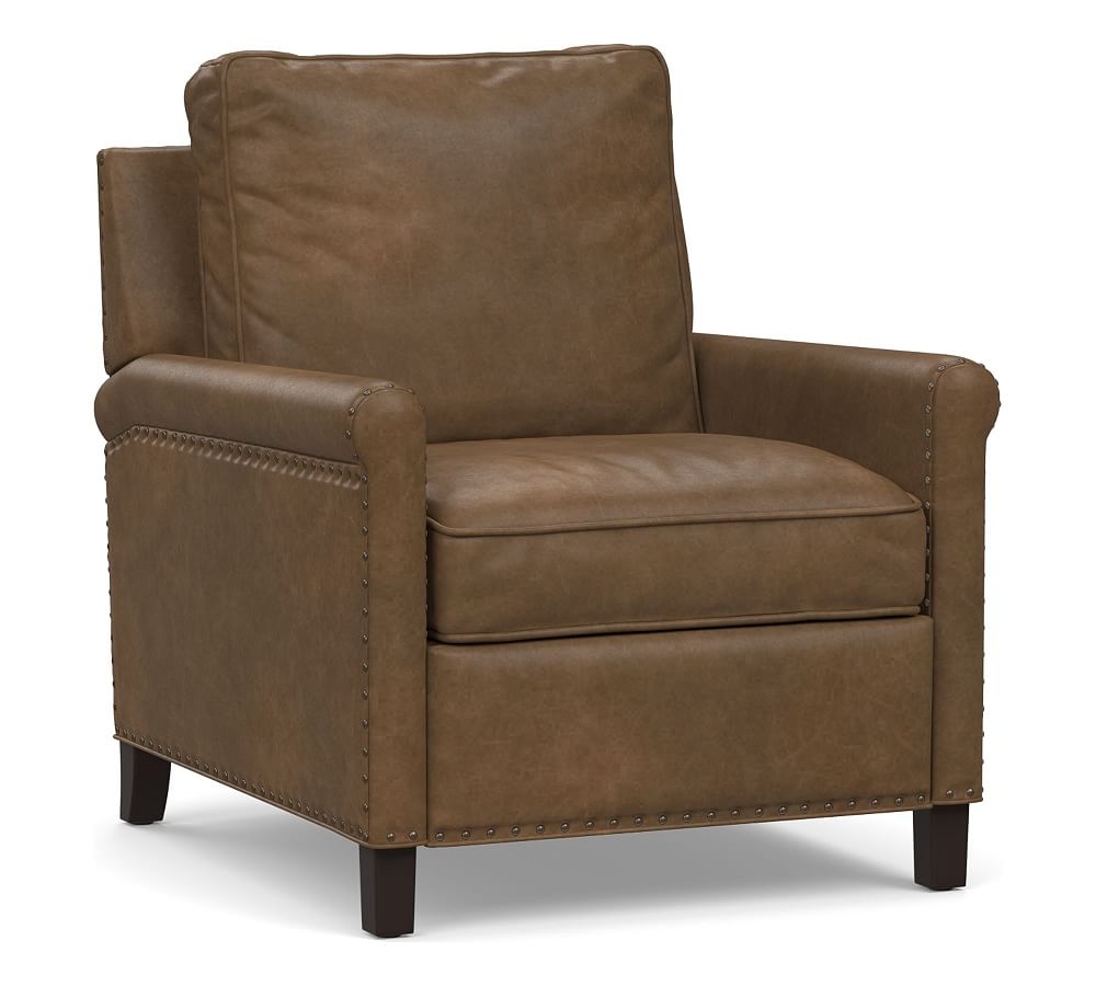 Tyler Roll Arm Leather Power Recliner with Nailheads, Down Blend Wrapped Cushions Churchfield Chocolate - Image 0