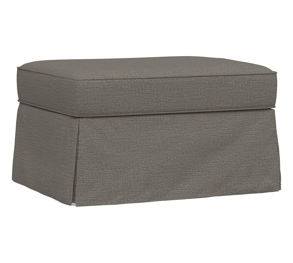 PB English Slipcovered Storage Ottoman, Polyester Wrapped Cushions, Chunky Basketweave Metal - Image 0