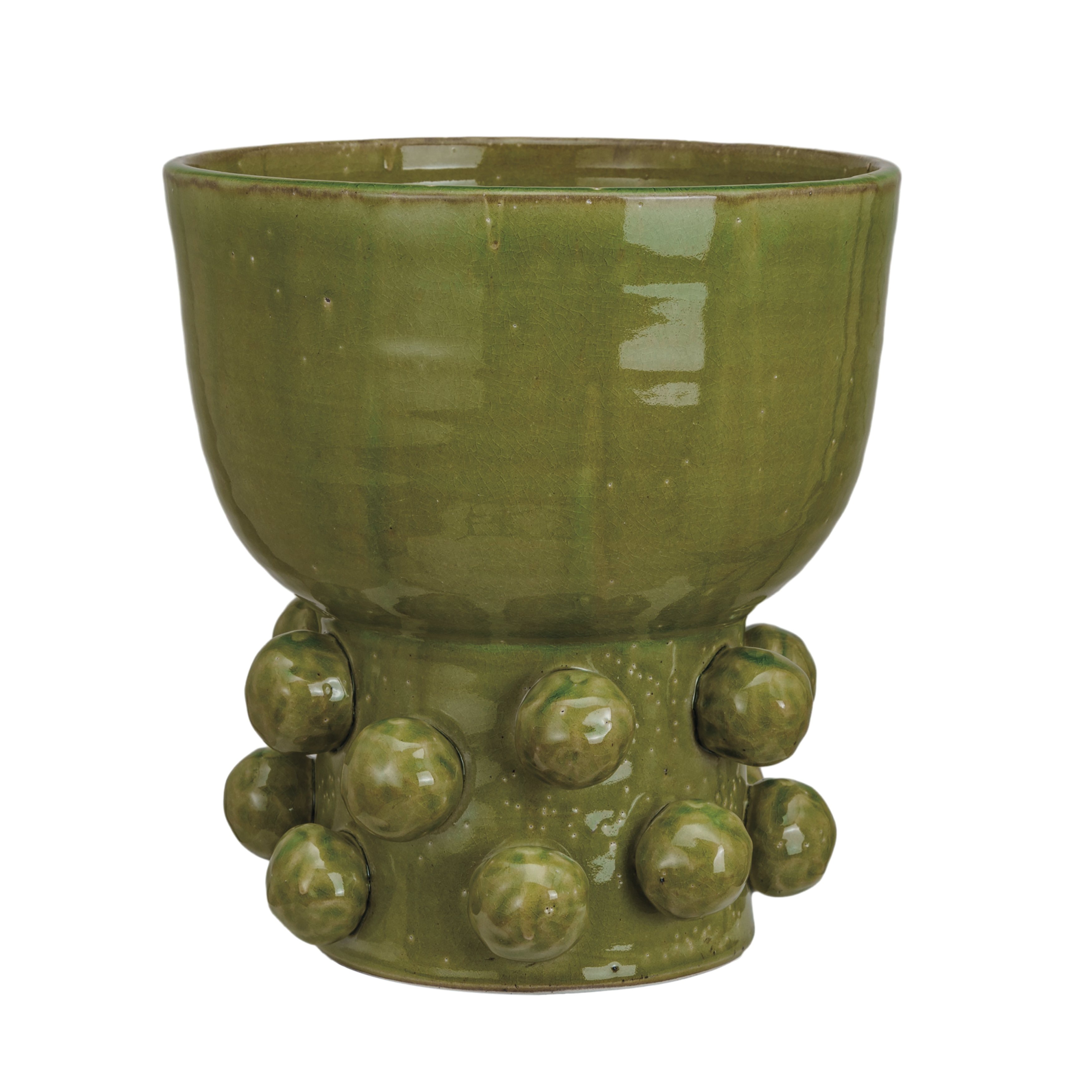Round Terra-cotta Hobnail Footed Vase, Green - Image 0