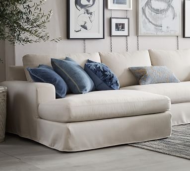 Big Sur Square Arm Slipcovered Right Arm Loveseat with Wide Chaise Sectional, Down Blend Wrapped Cushions, Performance Heathered Basketweave Platinum - Image 1