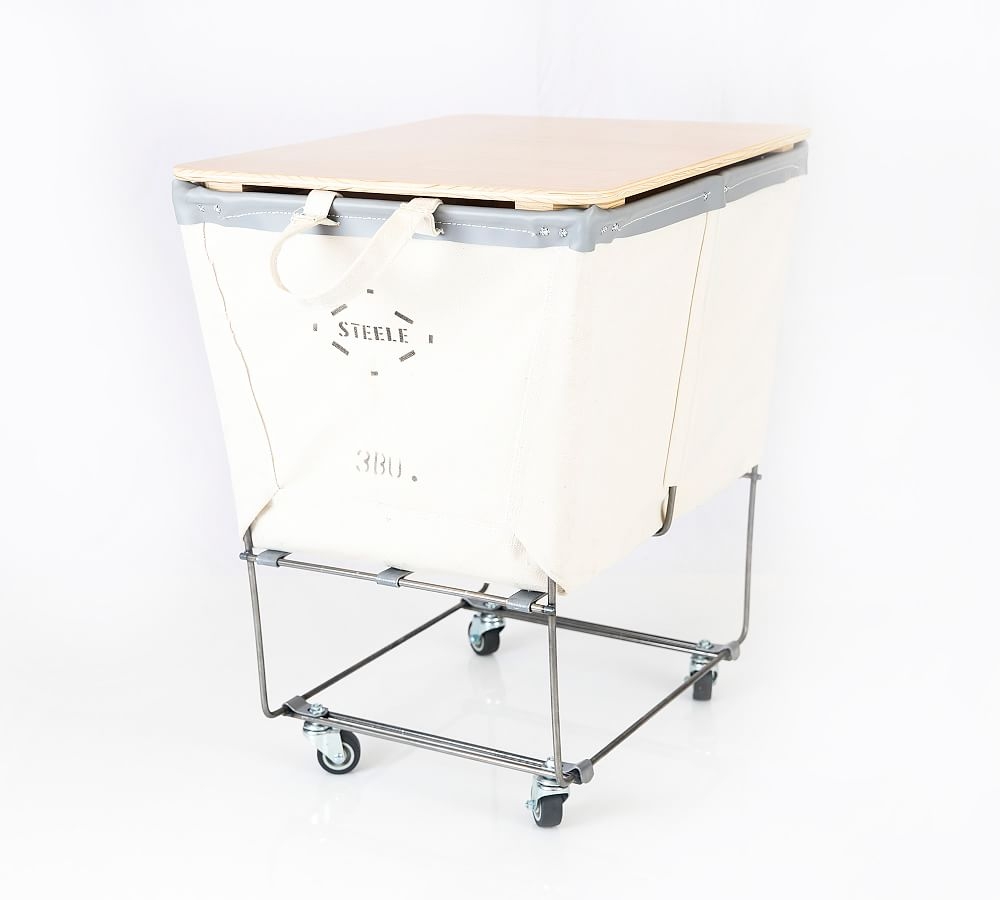 Elevated Canvas Laundry Basket with Wheels and Lid, Small, Natural Canvas/Gray Vinyl Trim - Image 0