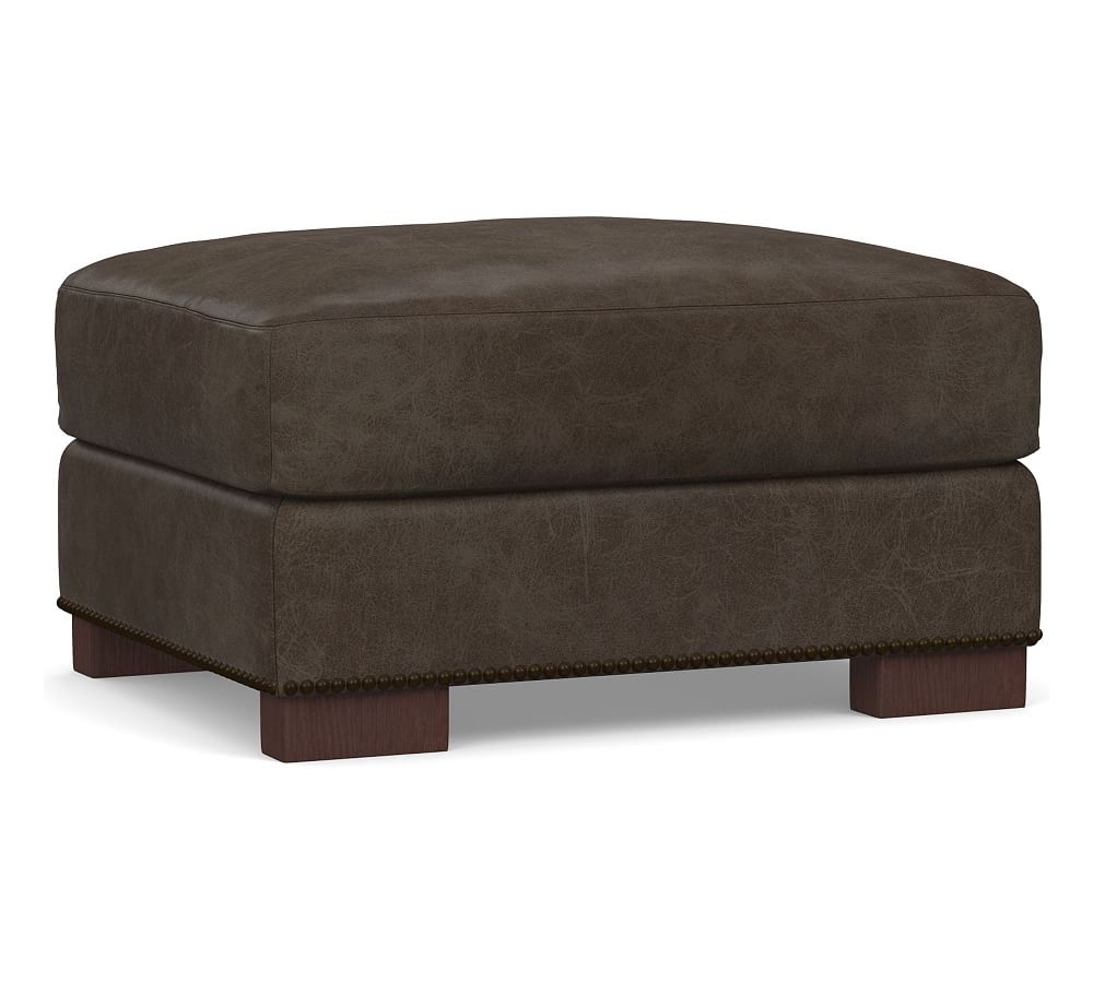 Turner Square Arm Leather Small Ottoman 30.5" with Nailheads, Polyester Wrapped Cushions, Statesville Wolf Gray - Image 0