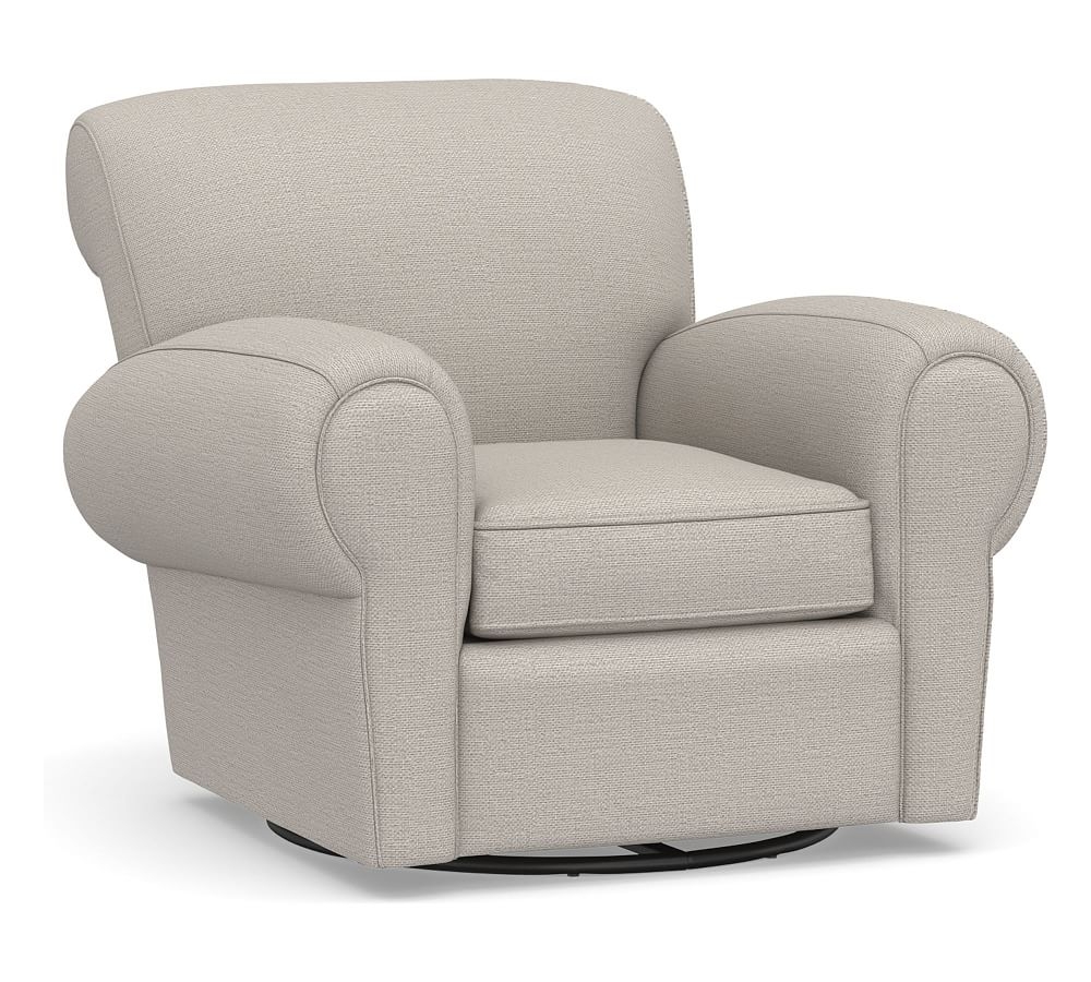Manhattan Roll Arm Upholstered Swivel Armchair, Polyester Wrapped Cushions, Chunky Basketweave Stone - Image 0