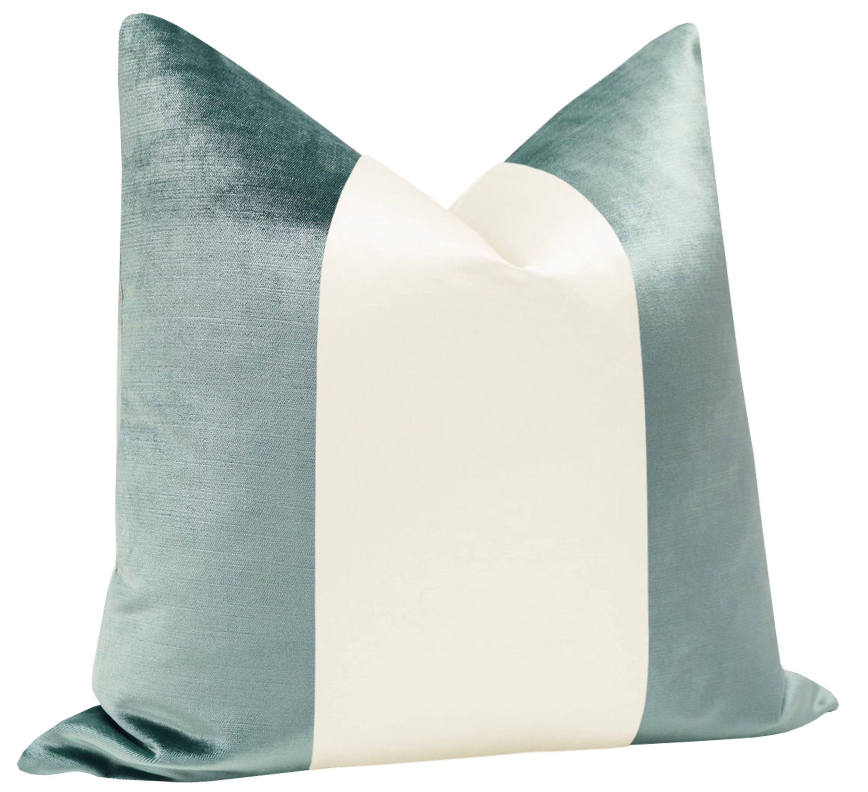 PANEL COLORBLOCK :: FAUX SILK VELVET // TURKISH BLUE + ALABASTER SILK - 14" X 36" - Image 1