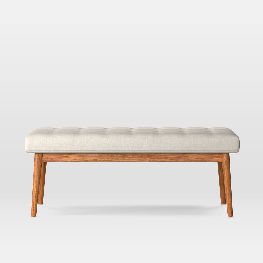 Midcentury Upholstered Bench, Poly, Yarn Dyed Linen Weave, Alabaster, Acorn - Image 0