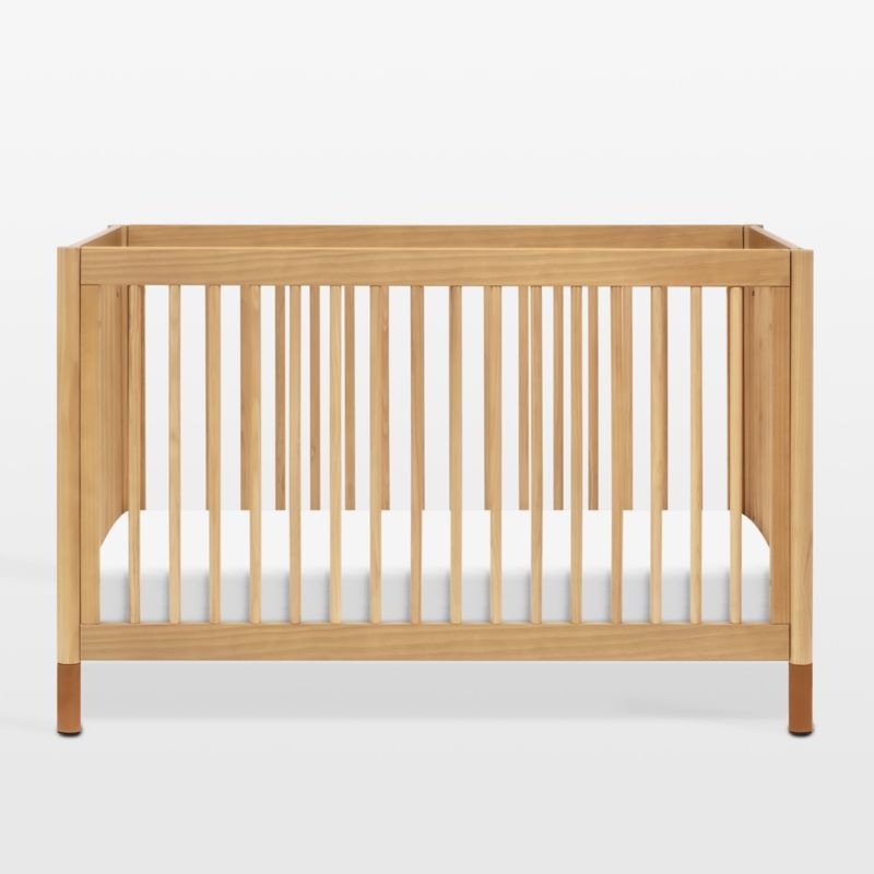 Babyletto Gelato Honey Wood & Vegan Tan Leather 4-in-1 Convertible Baby Crib with Toddler Bed Conversion Kit - Image 1