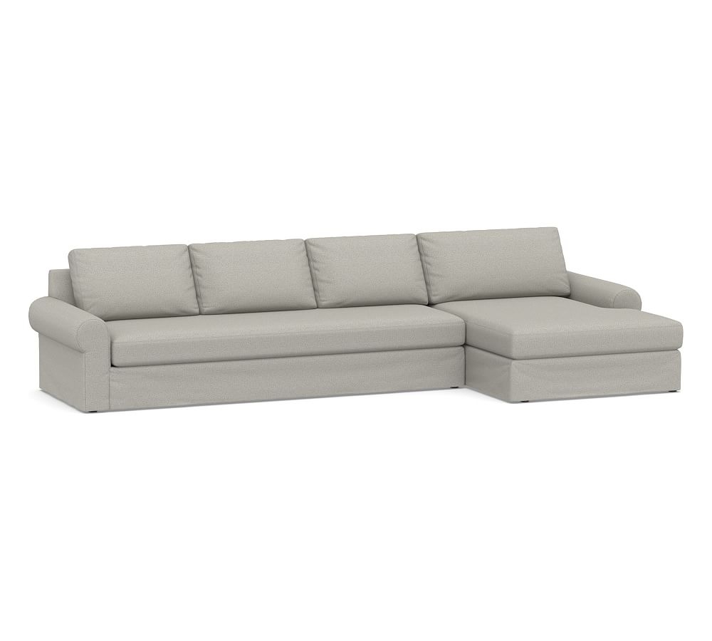 Big Sur Roll Arm Slipcovered Left Arm Grand Sofa with Double Chaise Sectional and Bench Cushion, Down Blend Wrapped Cushions, Performance Boucle Pebble - Image 0