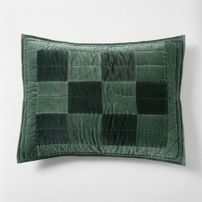 Checkerboard Pine Green Hand-Quilted Organic Cotton Velvet Kids Pillow Sham - Image 0