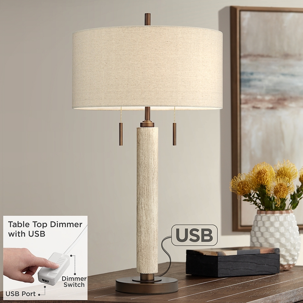 Hugo Whitewashed Wood Column USB Table Lamp With Dimmer - Image 0