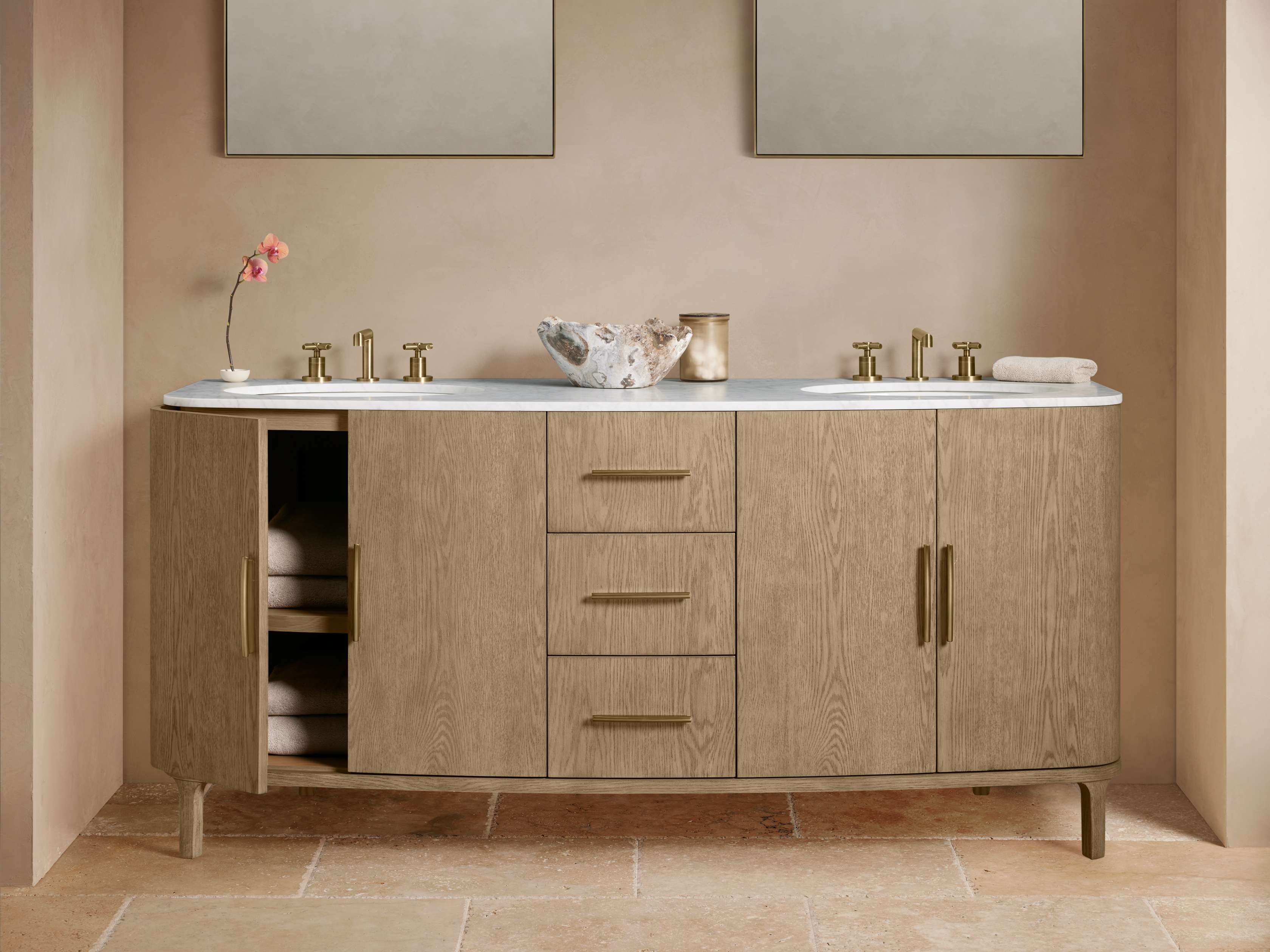 Danny Double Vanity in Wood Natural  Carrara/Fawn Brass - Image 0