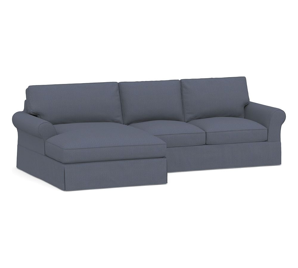 PB Comfort Roll Arm Slipcovered Right Arm Loveseat with Double Wide Chaise Sectional, Box Edge, Down Blend Wrapped Cushions, Sunbrella(R) Performance Boss Herringbone Indigo - Image 0