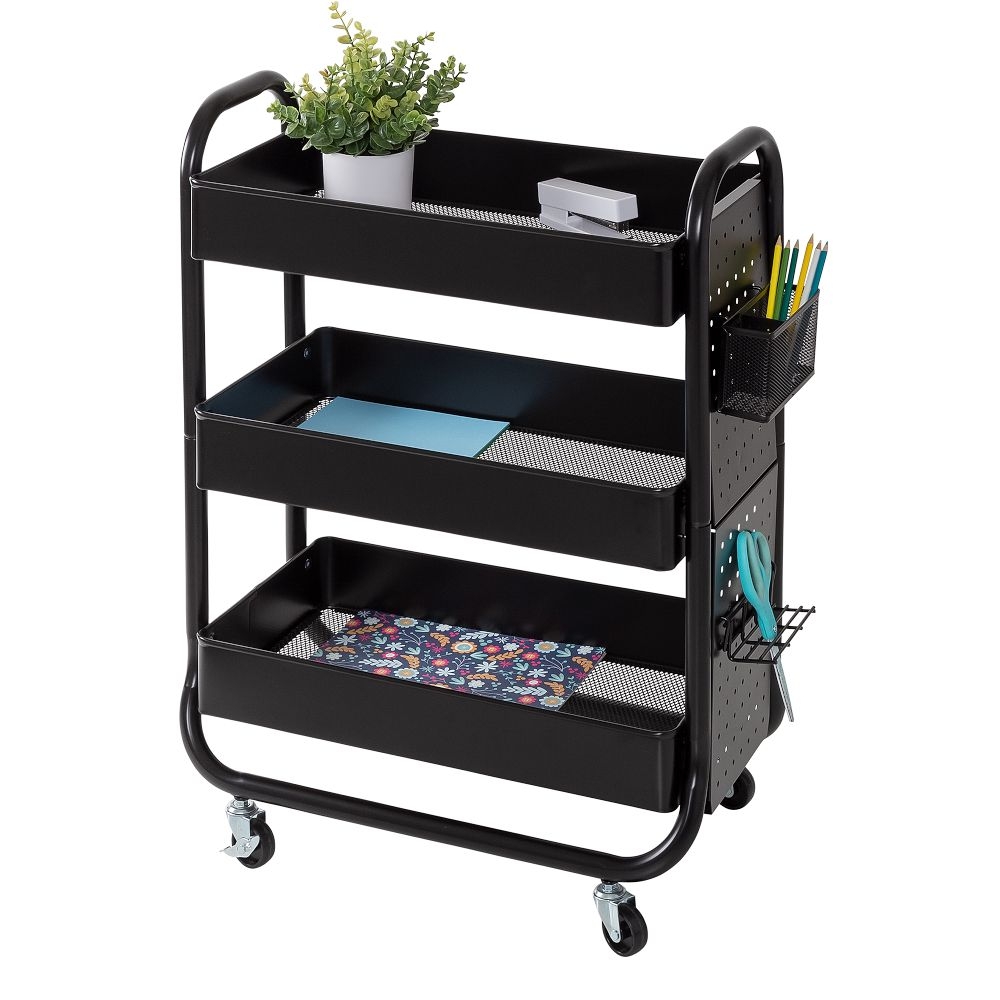 Rolling Craft Cart With Wheels Pegboard Shelf And Metal Basket, Black - Image 3