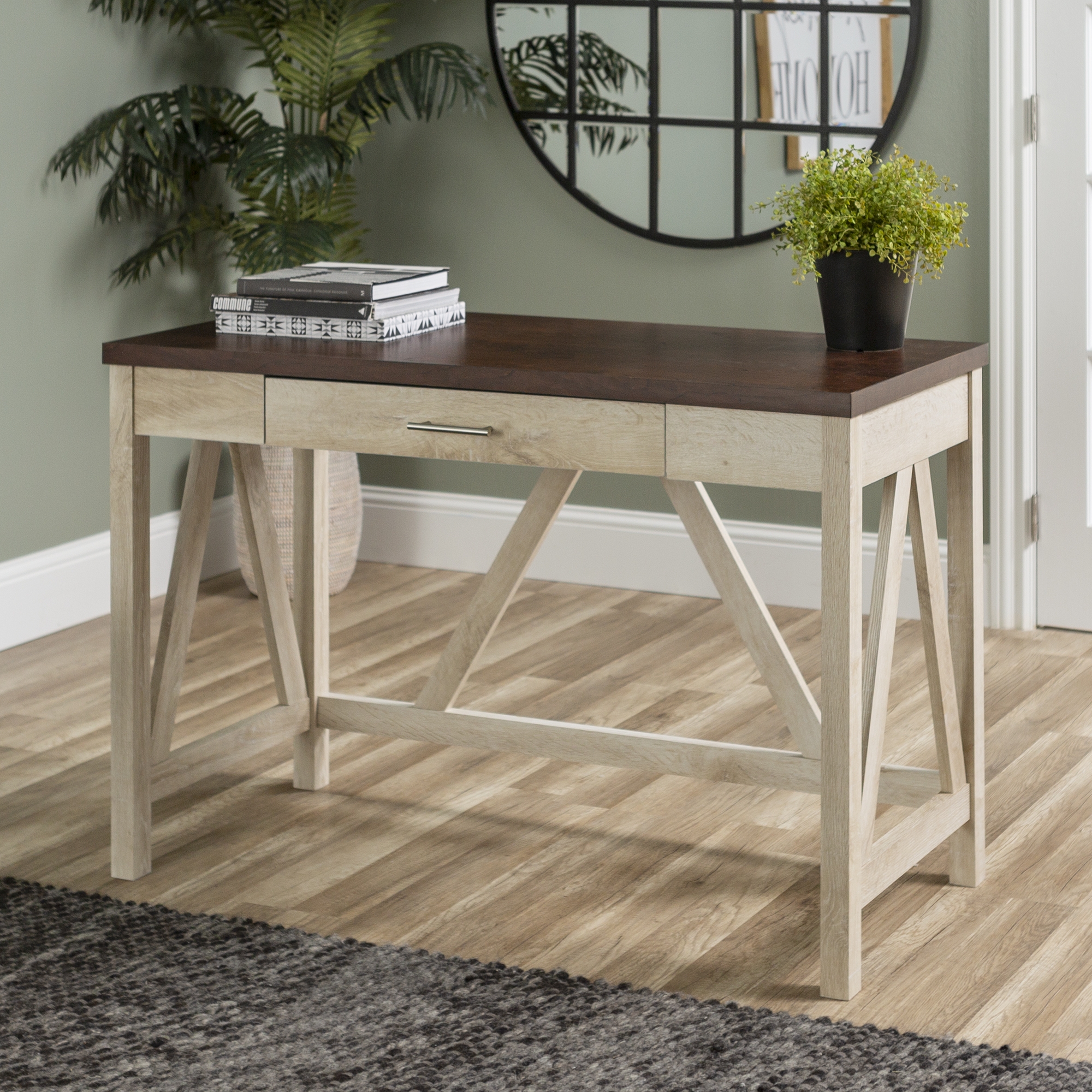 46" A Frame Modern Farmhouse Wood Computer Desk with Drawer - White Oak/Traditional Brown - Image 3