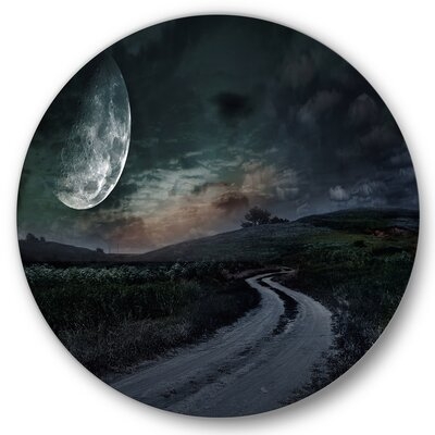 Rural Road Through The Meadow Under Full Moon - Nautical & Coastal Metal Circle Wall Art - Image 0
