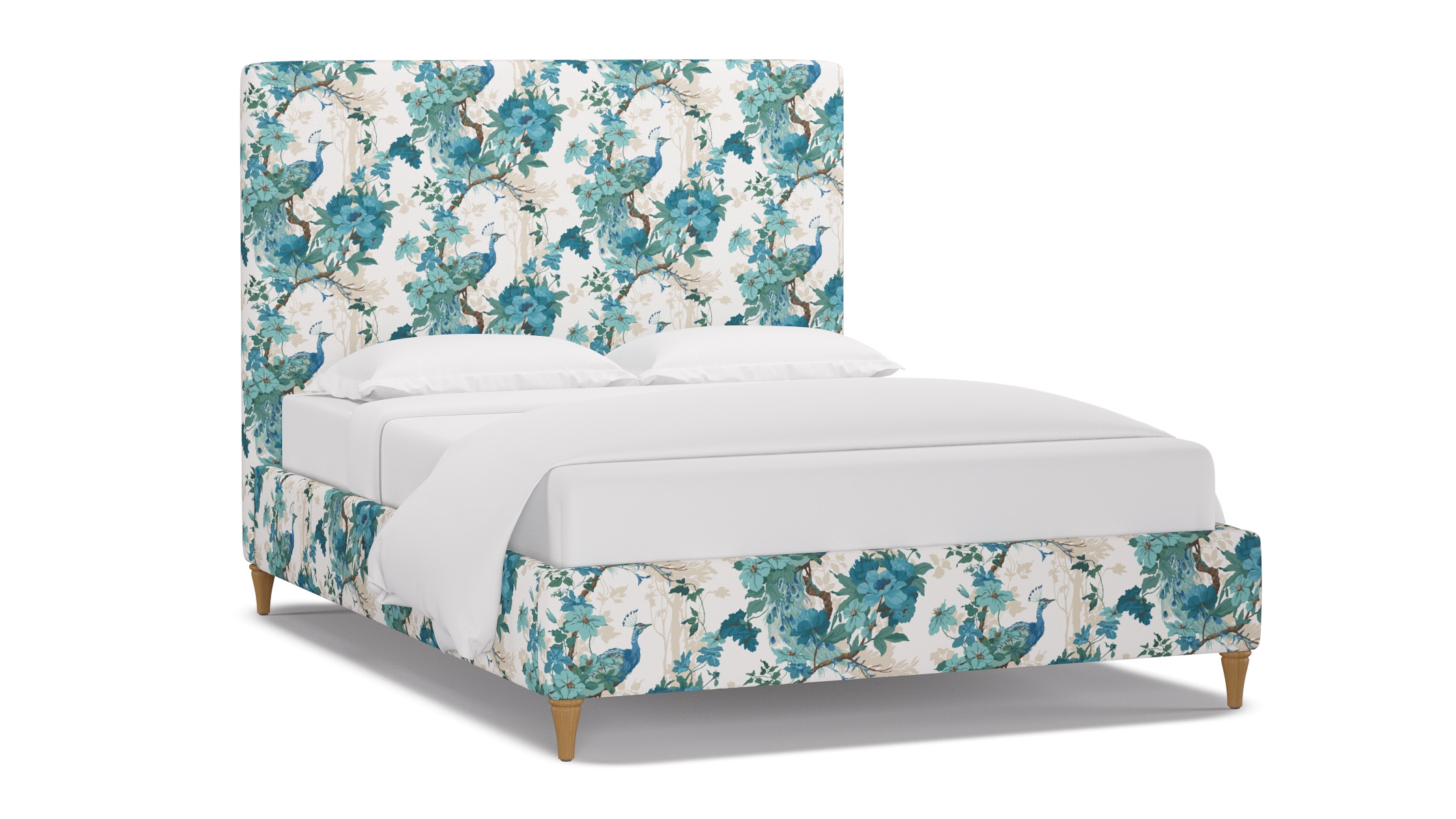 Classic Bed, Turquoise Peacock Park, Natural Decorative Tapered Leg, Queen - Image 1
