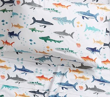 Organic Shark Party Sheet Set, Full, White Multi - Image 0