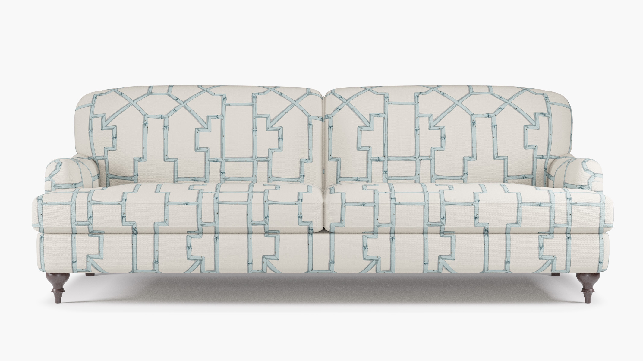 English Roll Arm Sofa, Blue Baldwin Bamboo, Espresso Turned Wood Leg - Image 0