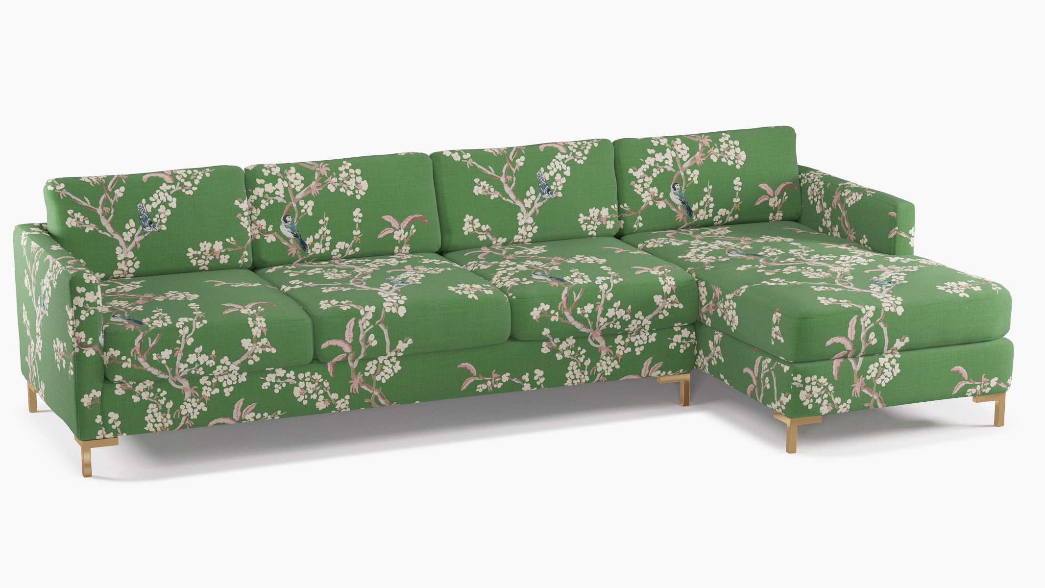 Modern Sectional, Right Facing, Jade Cherry Blossom, Brass L Leg - Image 1