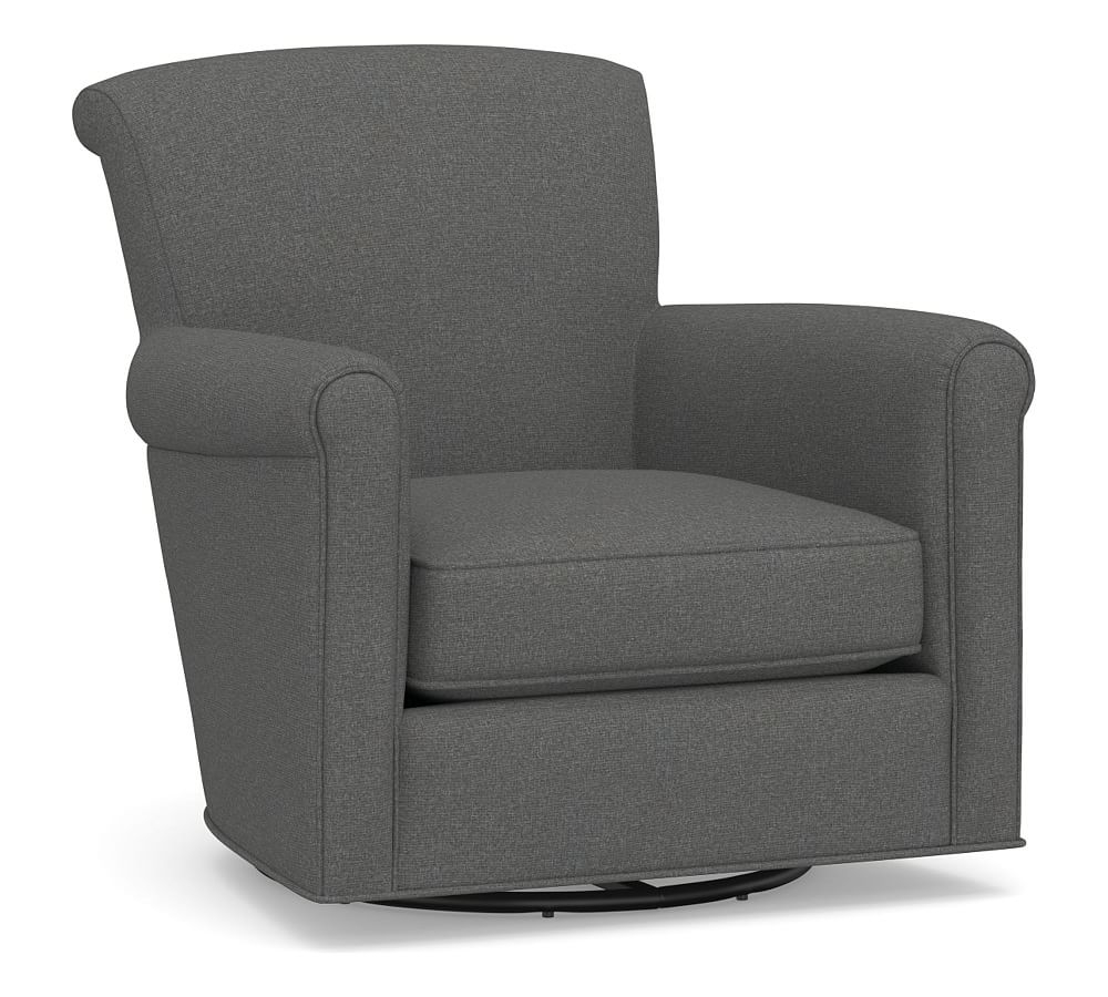 Irving Roll Arm Upholstered Swivel Glider Without Nailheads, Polyester Wrapped Cushions, Park Weave Charcoal - Image 0