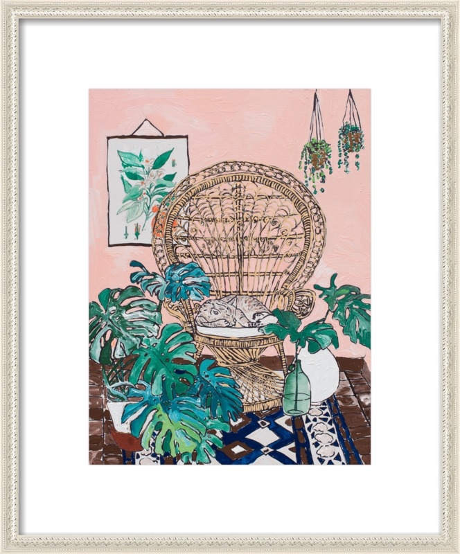 Napping Cat in Rattan Chair on Pink by Lara Lee Meintjes for Artfully Walls - Image 0