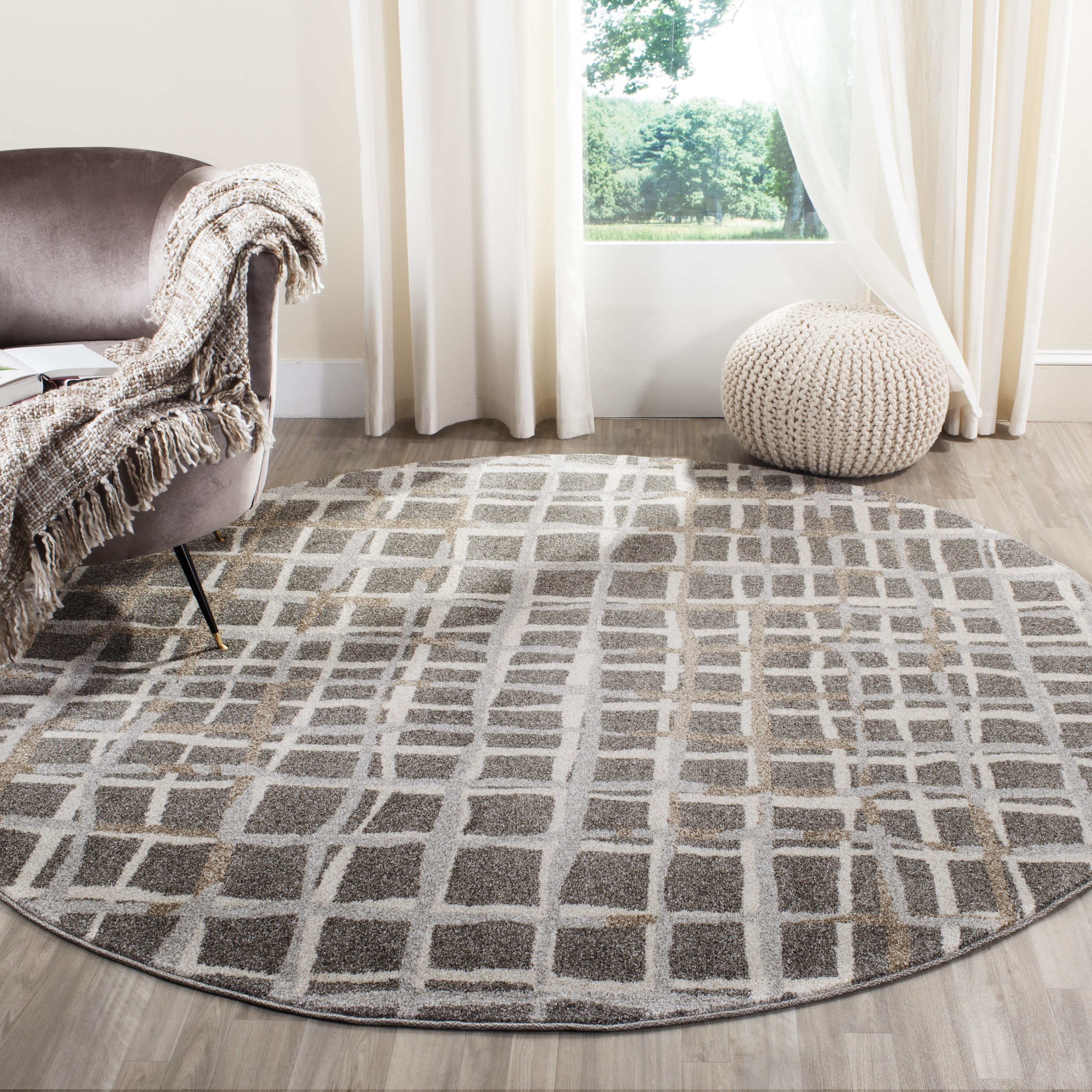 Arlo Home Indoor/Outdoor Woven Area Rug, AMT403C, Grey/Ivory,  7' X 7' Round - Image 1