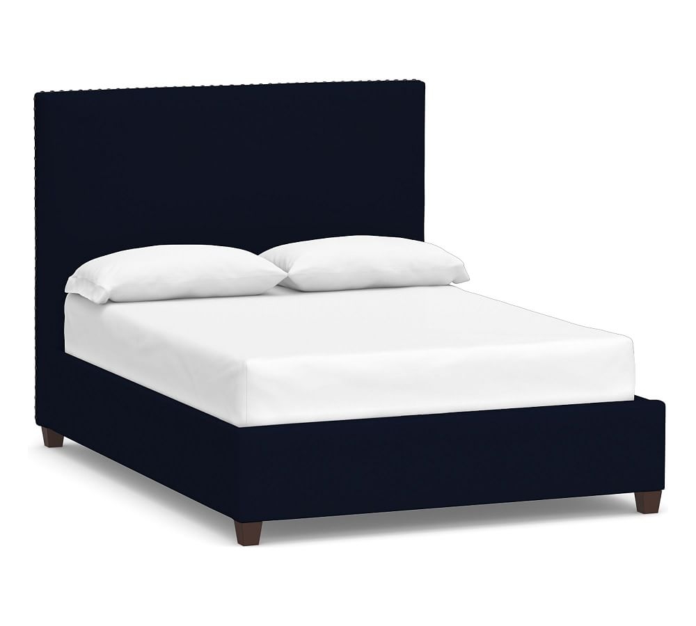 Raleigh Square Upholstered Bed with Bronze Nailheads, Queen, Tall Headboard 53"h, Performance Everydaylinen(TM) Navy - Image 0