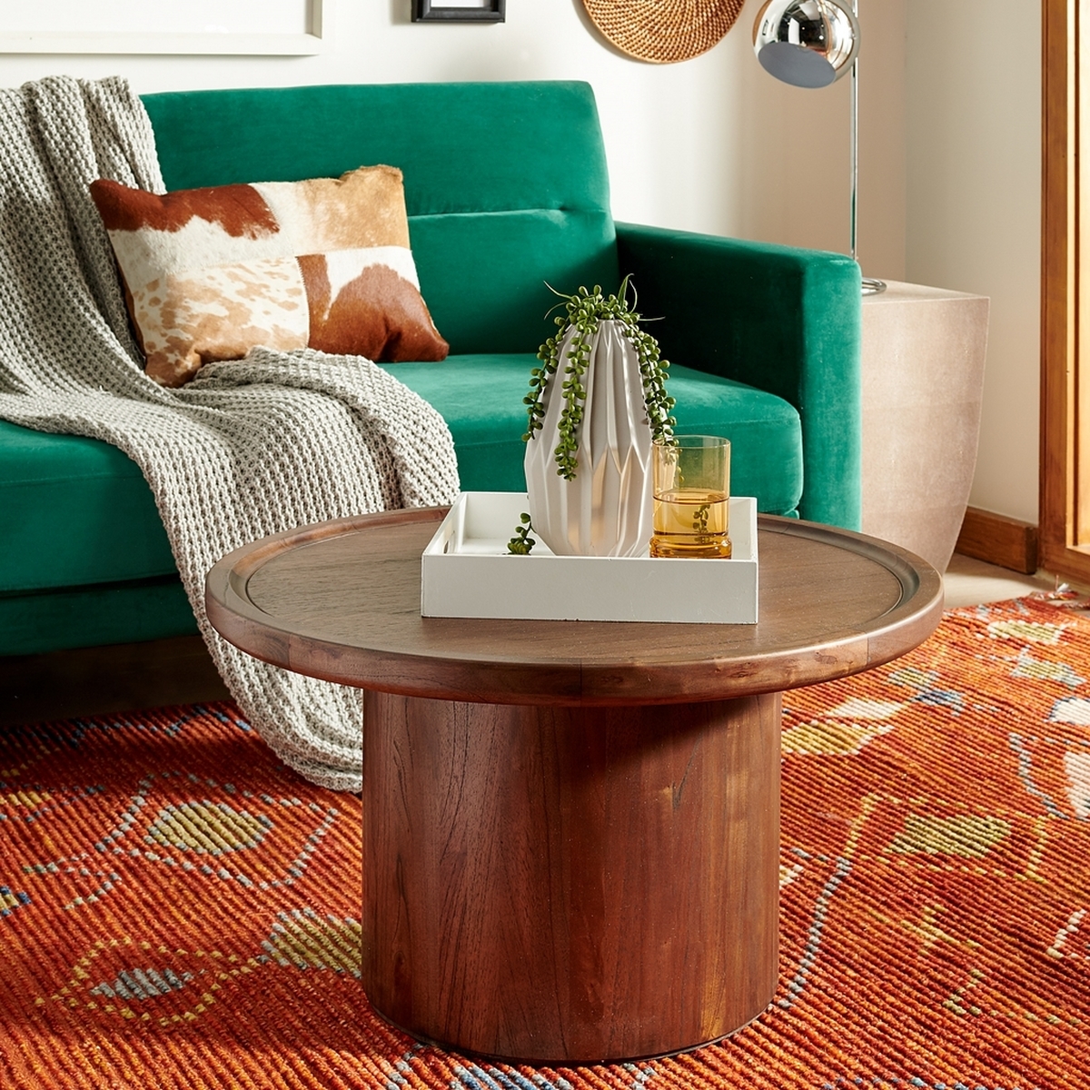 Devin Round Pedestal Coffee Table, Dark Walnut - Image 1