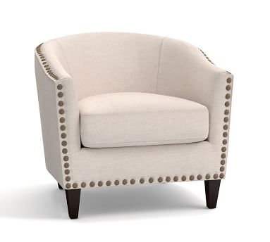 Harlow Upholstered Armchair with Bronze Nailheads, Polyester Wrapped Cushions, Performance Heathered Basketweave Platinum - Image 5