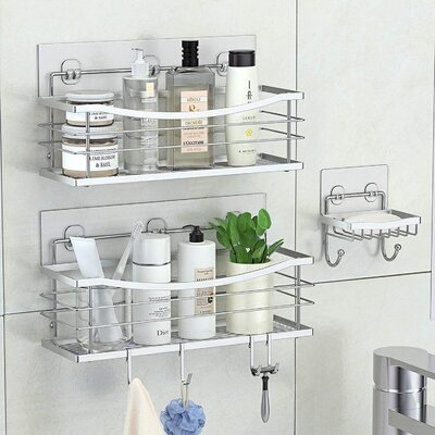 Adhesive Shower Caddy Basket Shelf With 4 Hooks For Shampoo Conditioner Sponge Razor Soap Dish Holder Kitchen Bathroom Organizer No Drilling Wall Mounted Stainless Steel Rustproof - 3 Pack - Image 0