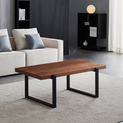 Rustic Coffee Table, Black Metal Frame Minimalist Table, Modern Wood Rectangle Coffee Table, Walnut Top - Image 0