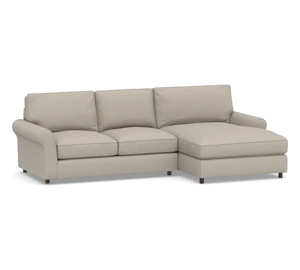 PB Comfort Roll Arm Upholstered Left Arm Loveseat with Double Chaise Sectional, Box Edge Down Blend Wrapped Cushions, Performance Boucle Fog - Image 0