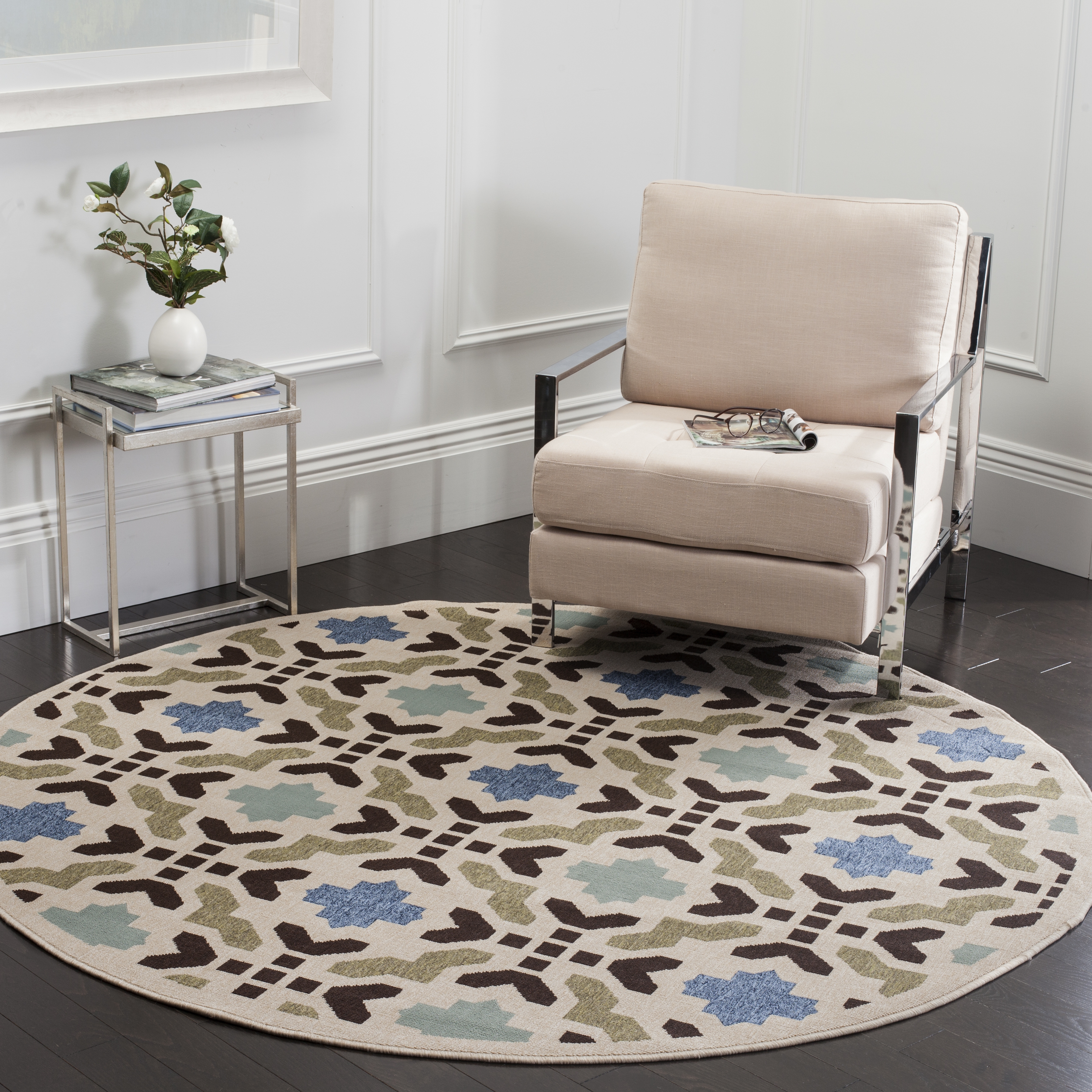 Arlo Home Indoor/Outdoor Woven Area Rug, VER080-0612, Cream/Aqua,  6' 7" X 6' 7" Round - Image 1