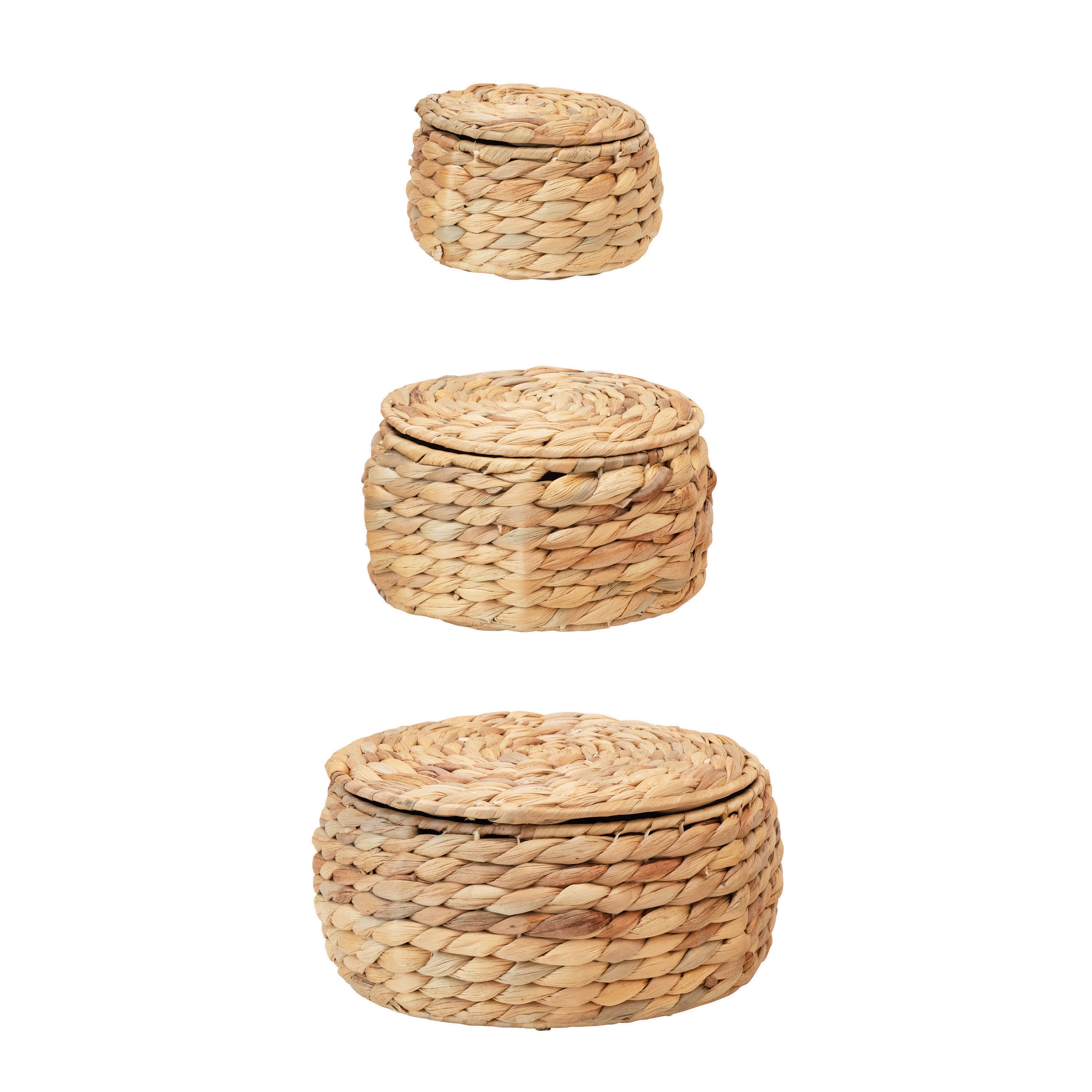 Water Hyacinth Baskets with Lids, Natural, Set of 3 - Image 0