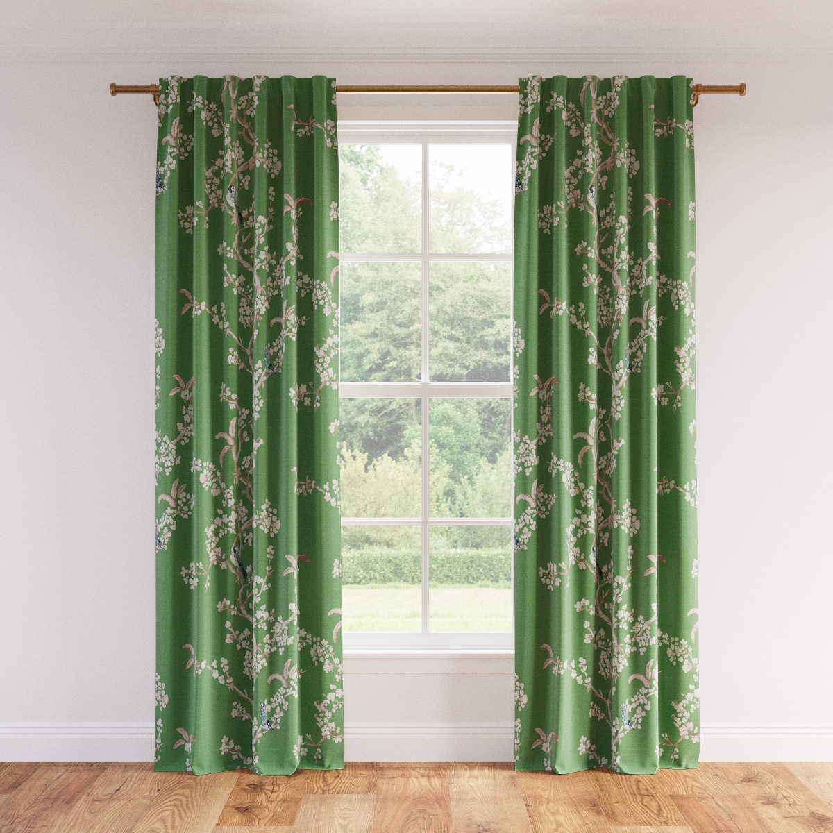 Printed Linen Curtain, Jade Cherry Blossom, 50" x 96", Privacy - Image 0