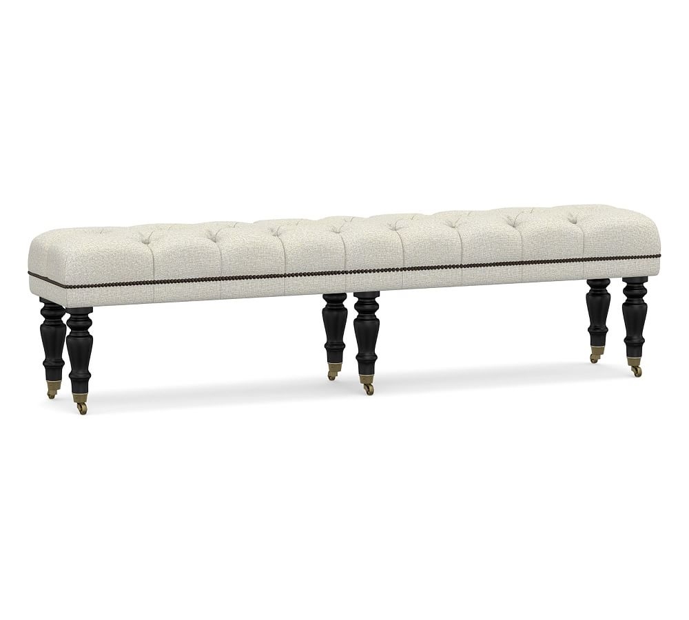 Raleigh Upholstered Tufted King Bench with Black Legs & Bronze Nailheads, Performance Heathered Basketweave Dove - Image 0