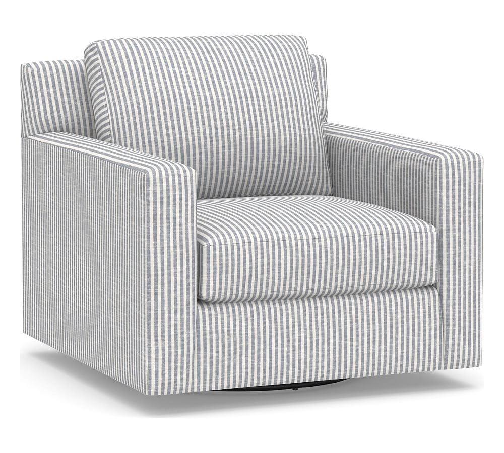 York Square Arm Upholstered Swivel Armchair, Down Blend Wrapped Cushions, Classic Stripe Blue - Image 0