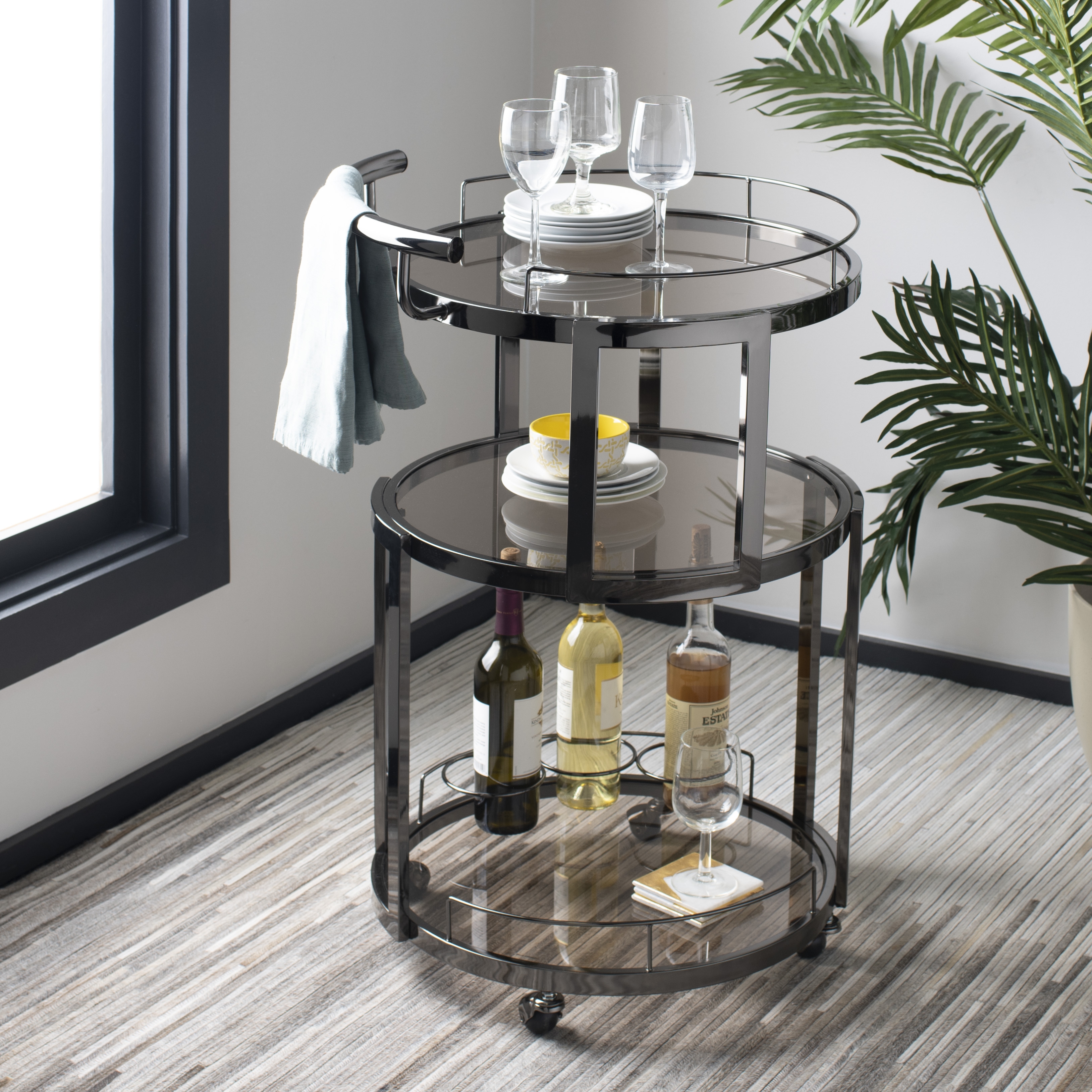 Rio 3 Tier Round Bar Cart And Wine Rack - Gun Metal/Tinted Glass - Safavieh - Image 5