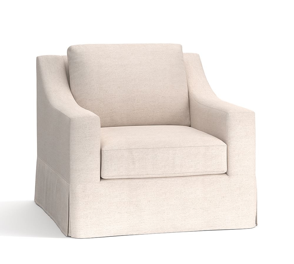 York Slope Arm Slipcovered Swivel Armchair, Down Blend Wrapped Cushions, Performance Heathered Basketweave Dove - Image 0